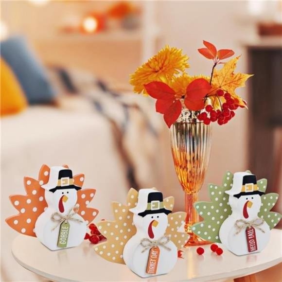 Thanksgiving Fall Decorations, Set of 3 Tabletop Turkey Decor Wood Table Sign - Picture 2 of 7